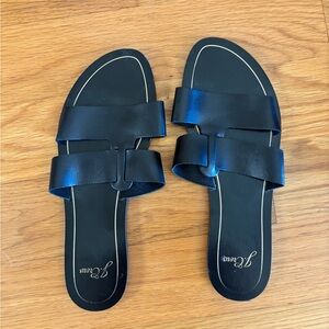 J. Crew Black Double-Strap Leather Slide Sandals